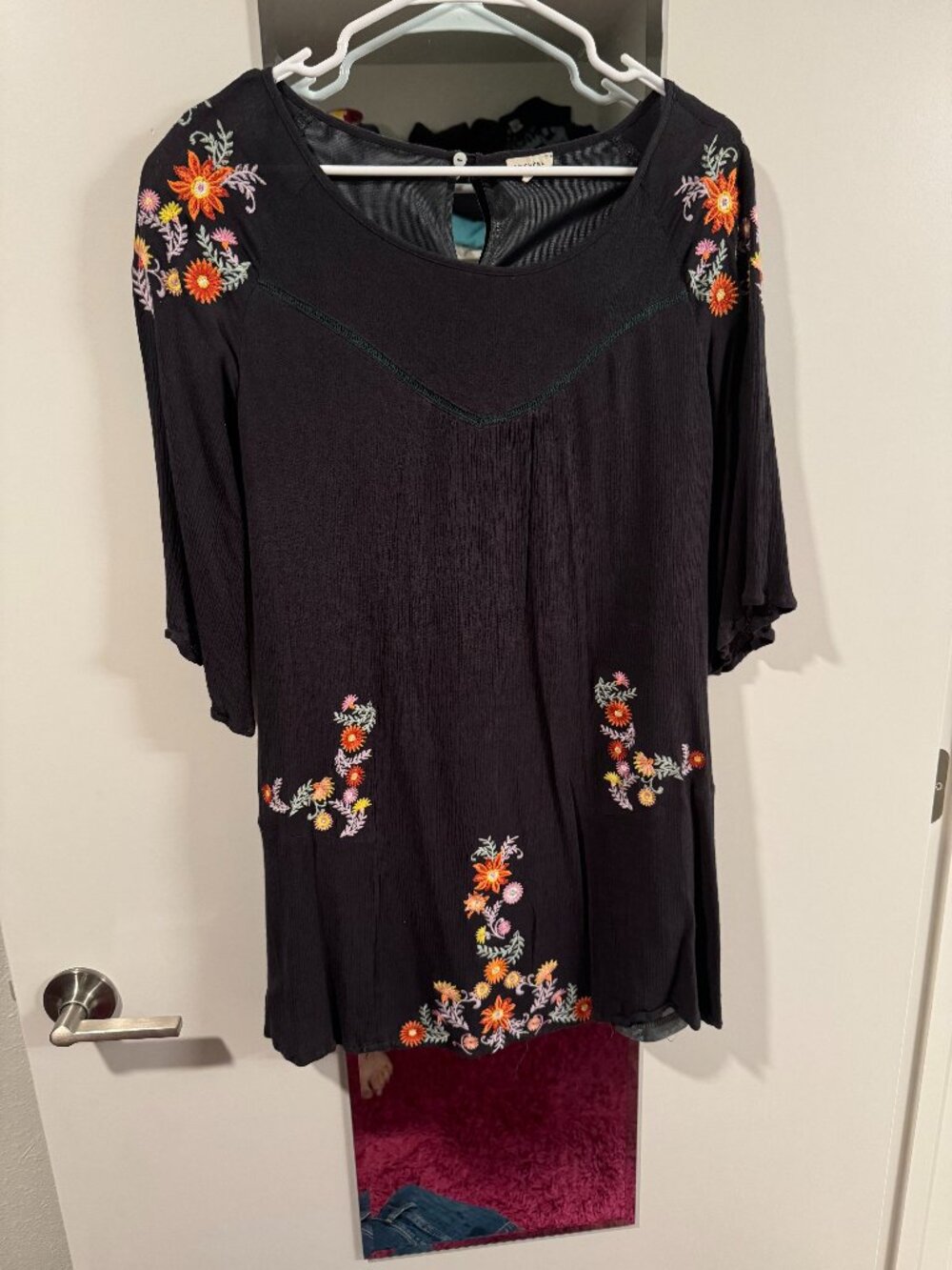 En Creme navy blue floral embroidered dress